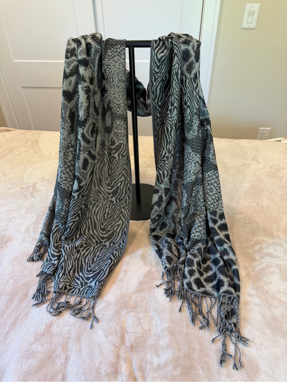 Katy Landry Animal Print Fringe Scarf Wrap - Gray and Black